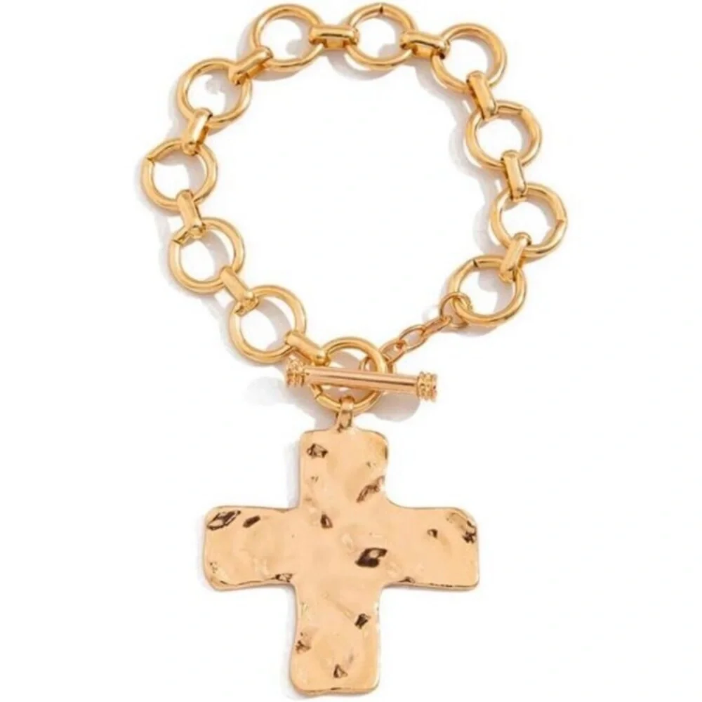 Chunky Big Hammered 24k Gold Plated Cross Bracelet Statement Faith Bracelet new